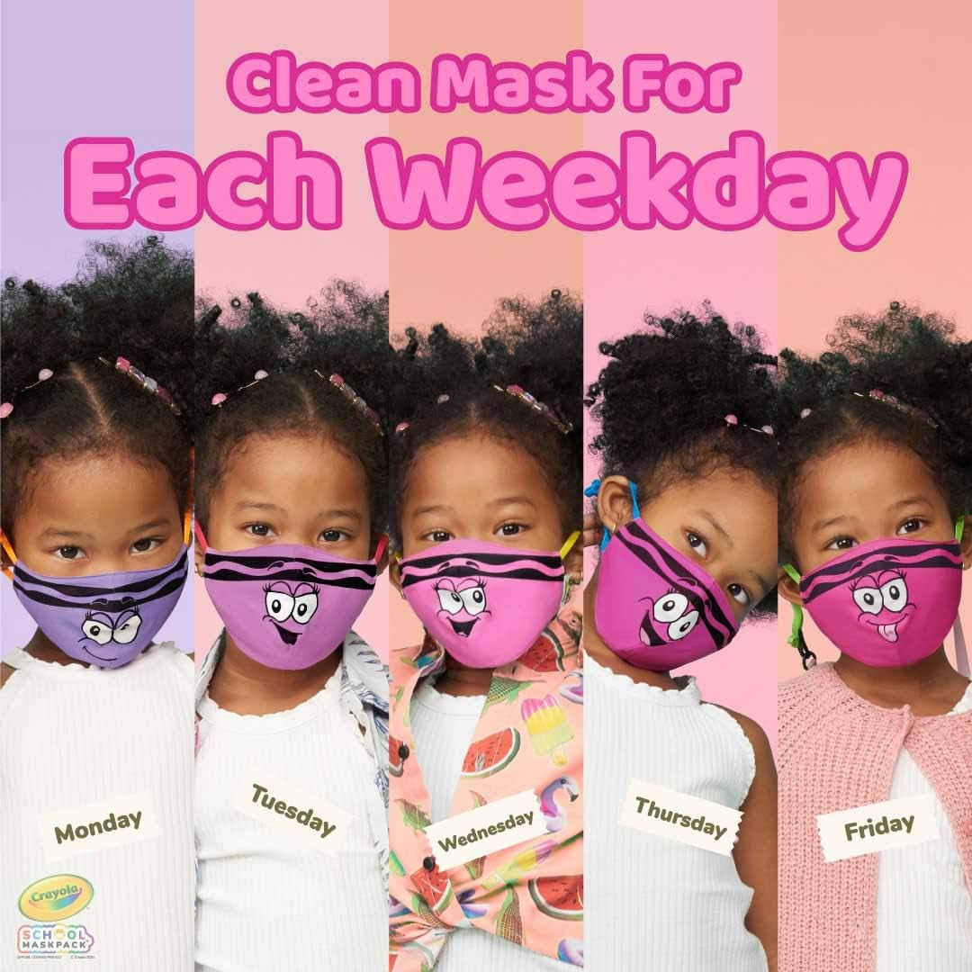 SCHOOL MASK PACK Crayola Kids Reusable Cloth Mask Set, Pinks and Purples Tip