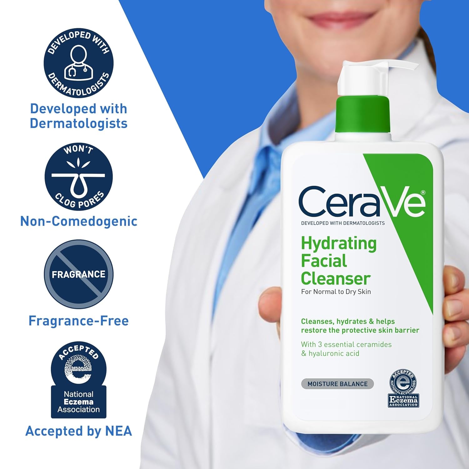 Hydrating Facial Cleanser for Normal to Dry Skin with Hyaluronic Acid, Ceramides, and Glycerin - National Eczema Association Certified