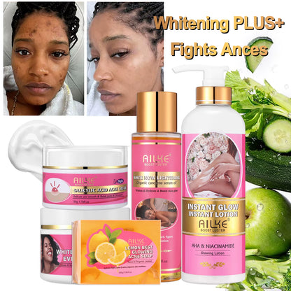 Natural Whitening Skin Care Set for All Skin Types, Clear Stubborn Acne, Dark Spots Kit, Reduce Melanin, Pigmentation