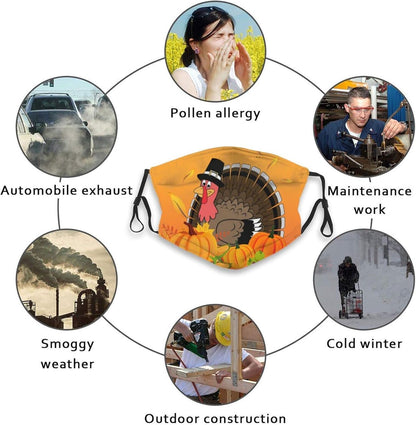 Face Mask Thanksgiving Turkey Pumpkin Maple Leaf Funny Mask for Adults Reusable Washable Adjustable Elastic Ear Straps with 10 Filter