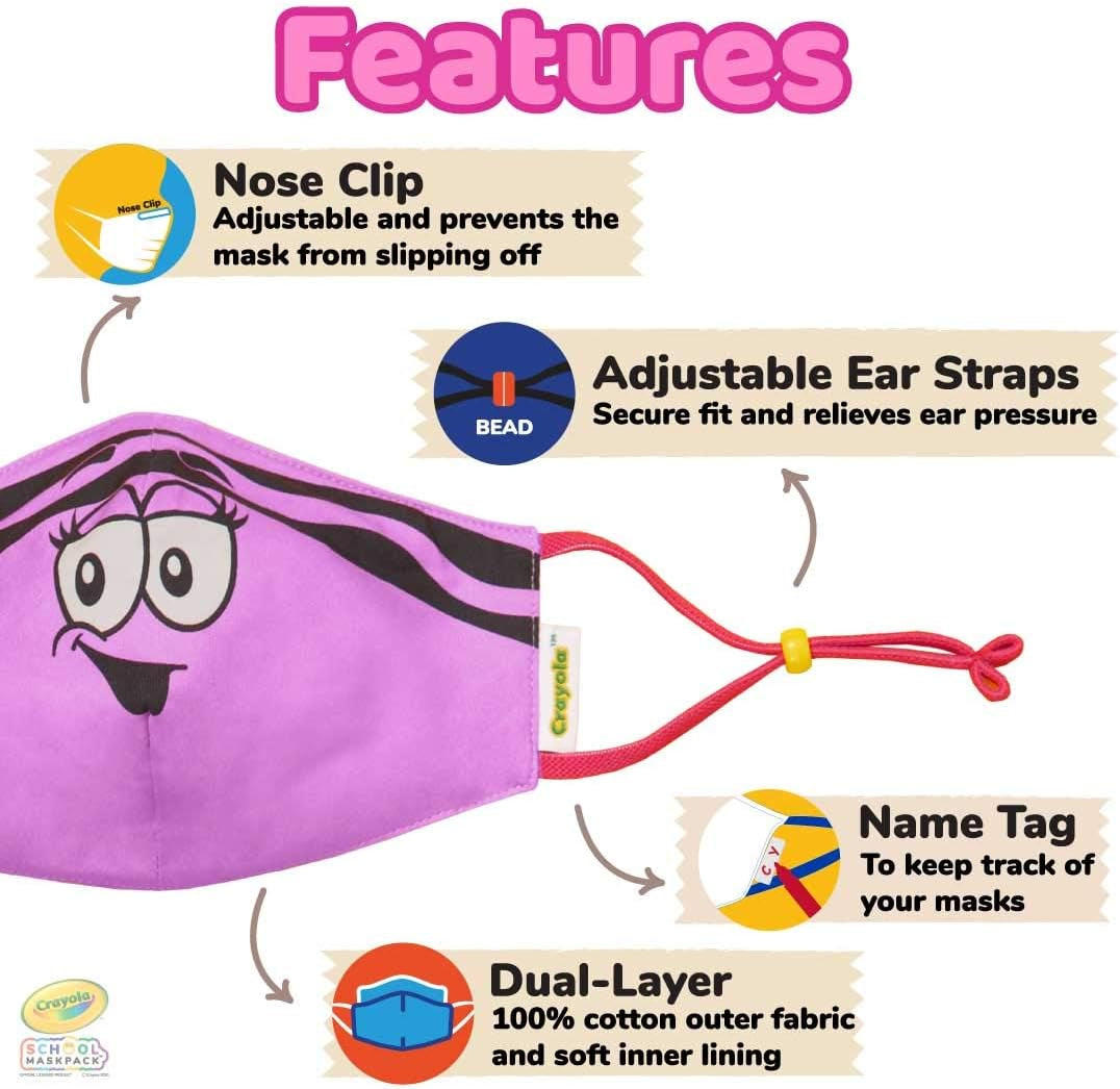 SCHOOL MASK PACK Crayola Kids Reusable Cloth Mask Set, Pinks and Purples Tip