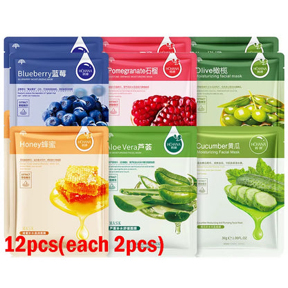 6/12Pcs Fruits Face Mask Moisturizing Oil Control Firming Aloe Korean Cosmetics Sheet Face Mask Beauty Skin Care Prodcuts