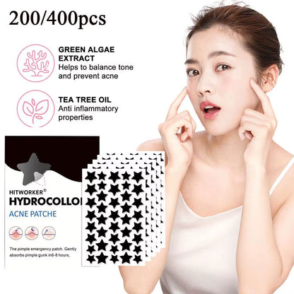 200/400 Counts Black Stars Shaped Hydrocolloid Acne Pimple Patches for Covering Zits Blemishes Spots, Pimple Popper Stickers Kit