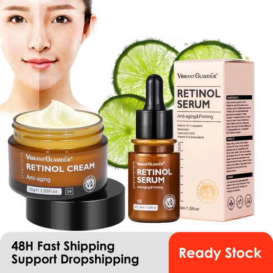 Retinol Face Cream and Eye Serum 2 Pcs/Set Firming Lifting Anti-Aging Wrinkle Reduce Wrinkle Fine Lines Facial Skin Care Product