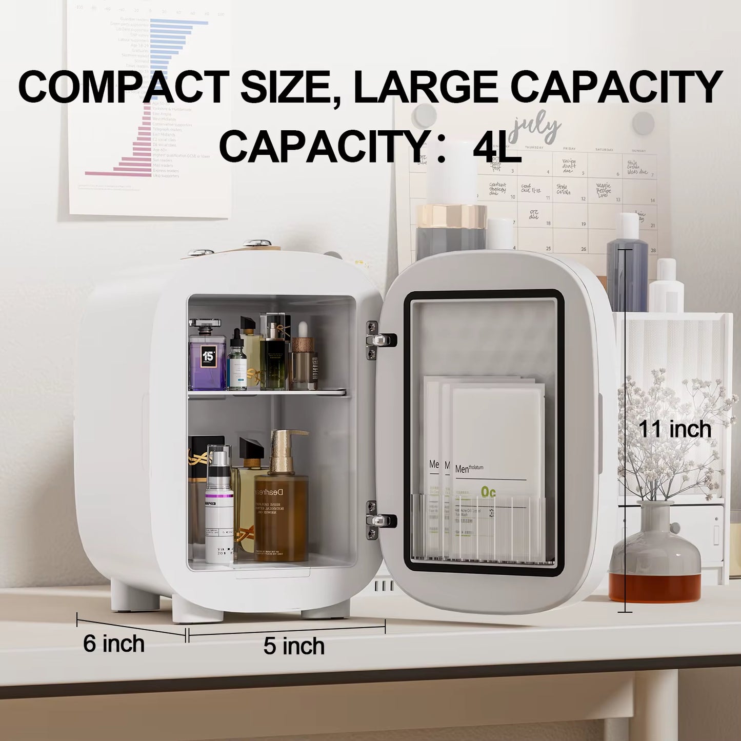 Skincare Fridge 4L, Mini Fridge with 3-Level LED Mirror, Low Noise, Cooler & Warmer, Portable for Bedroom, Office & Car