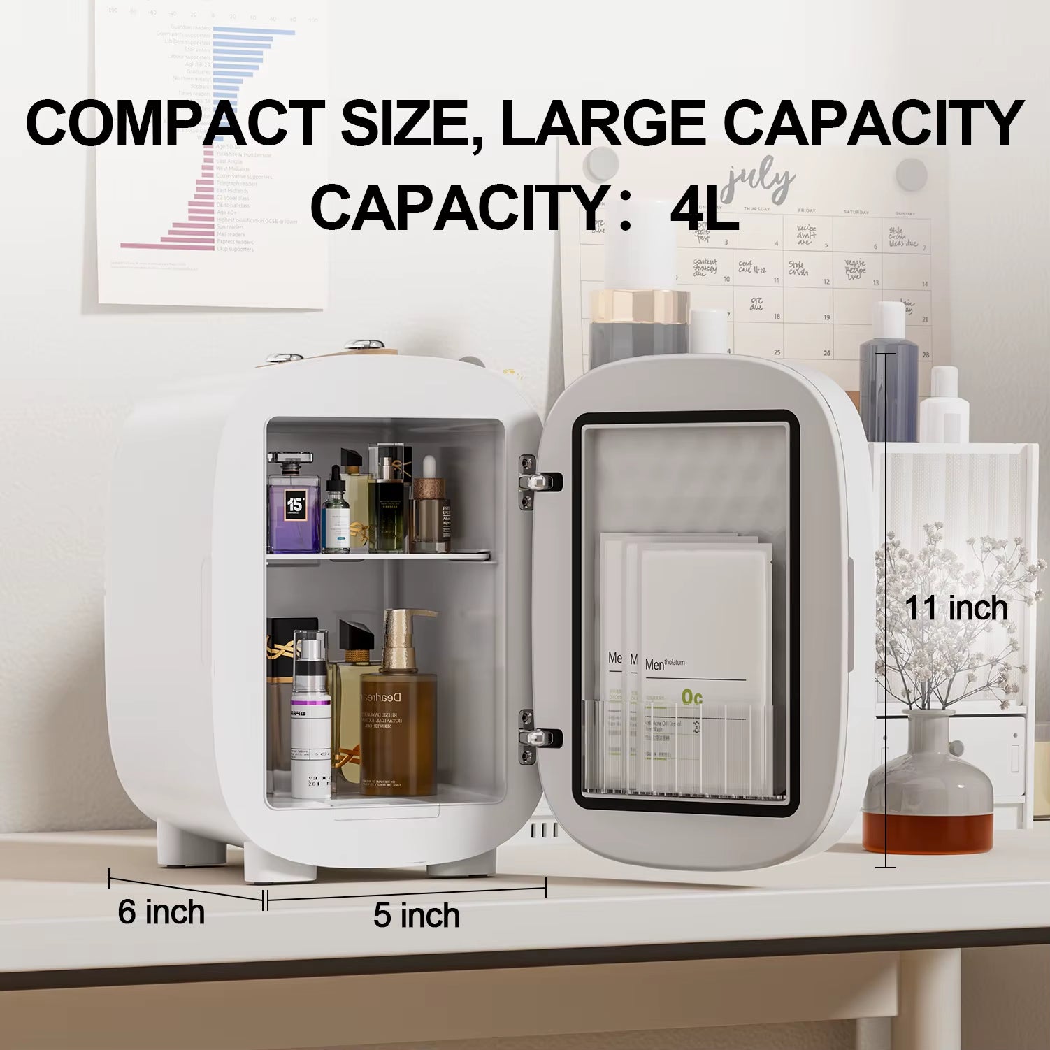 Skincare Fridge 4L, Mini Fridge with 3-Level LED Mirror, Low Noise, Cooler & Warmer, Portable for Bedroom, Office & Car