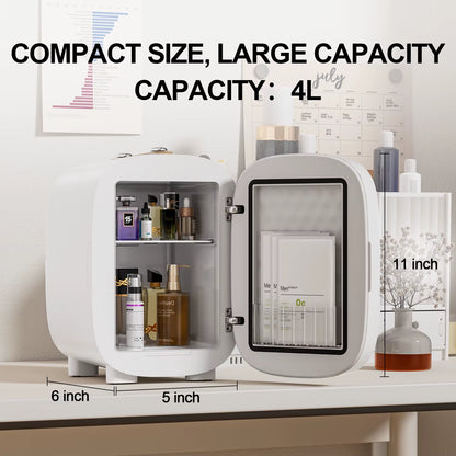 Skincare Fridge 4L, Mini Fridge with 3-Level LED Mirror, Low Noise, Cooler & Warmer, Portable for Bedroom, Office & Car