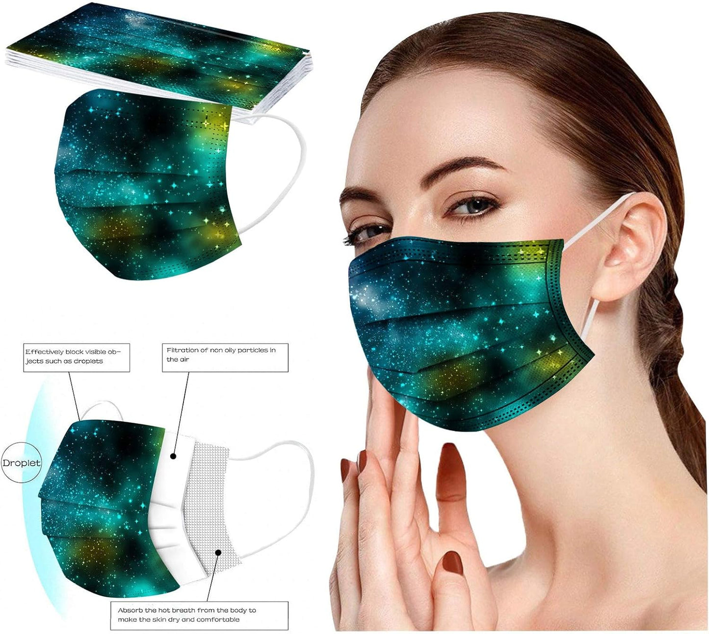 50Pcs Butterfly Print Disposable Facemask for Adults Women with Designs Papermasks 3 Ply Breathable Non Woven Face Guard