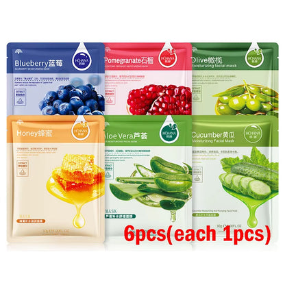 6/12Pcs Fruits Face Mask Moisturizing Oil Control Firming Aloe Korean Cosmetics Sheet Face Mask Beauty Skin Care Prodcuts
