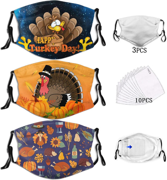 Face Mask Thanksgiving Turkey Pumpkin Maple Leaf Funny Mask for Adults Reusable Washable Adjustable Elastic Ear Straps with 10 Filter