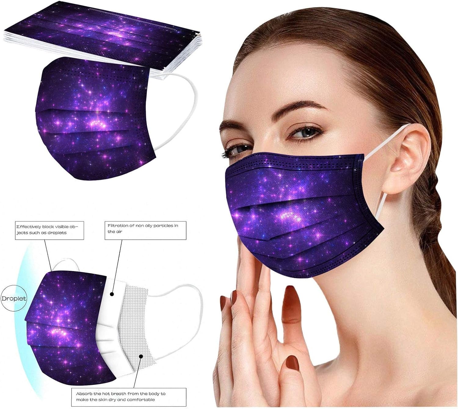 50Pcs Butterfly Print Disposable Facemask for Adults Women with Designs Papermasks 3 Ply Breathable Non Woven Face Guard